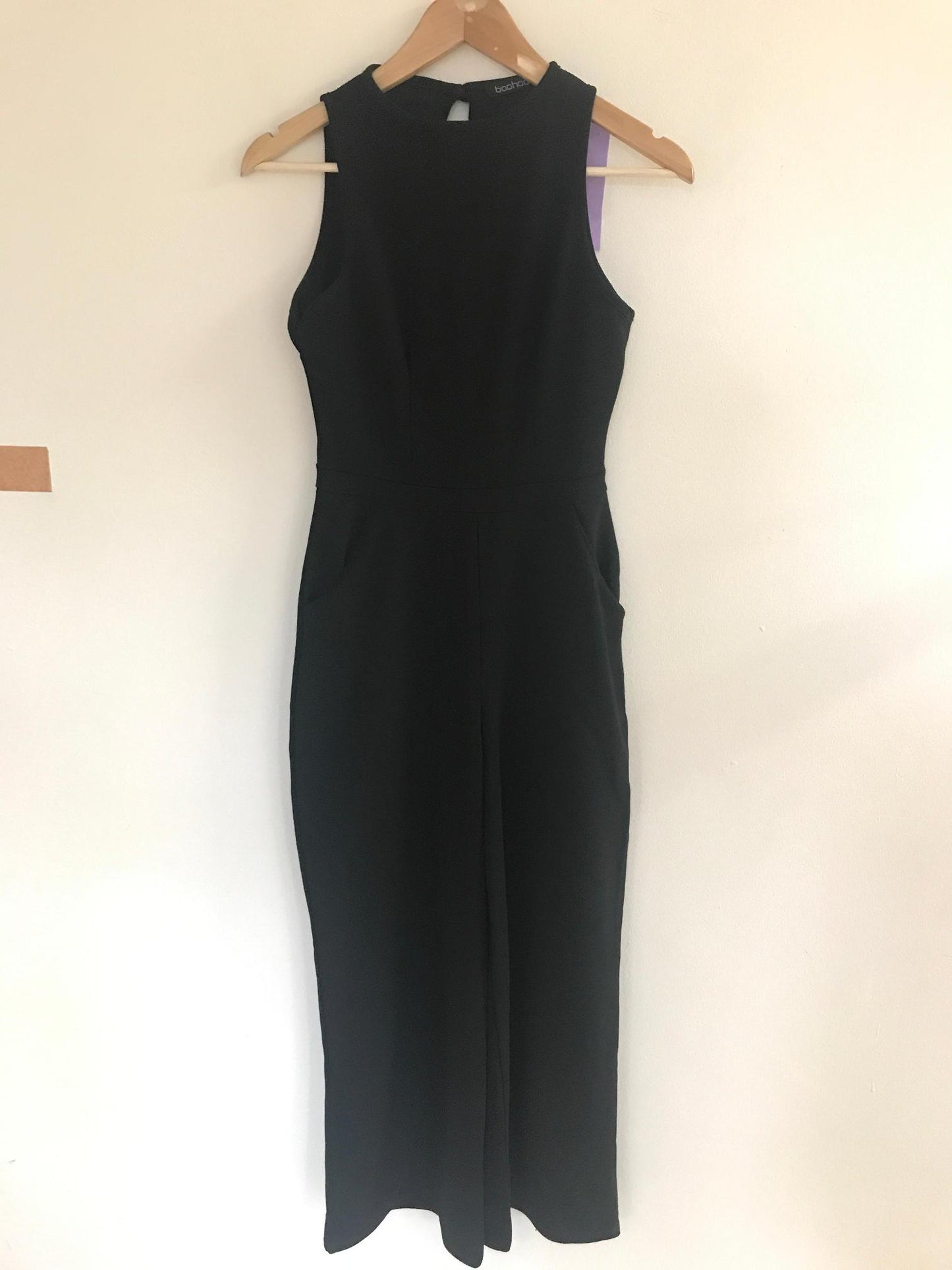 Black Sleeveless Jumpsuit, Boohoo, Size 8 (Polyester, Elastane)