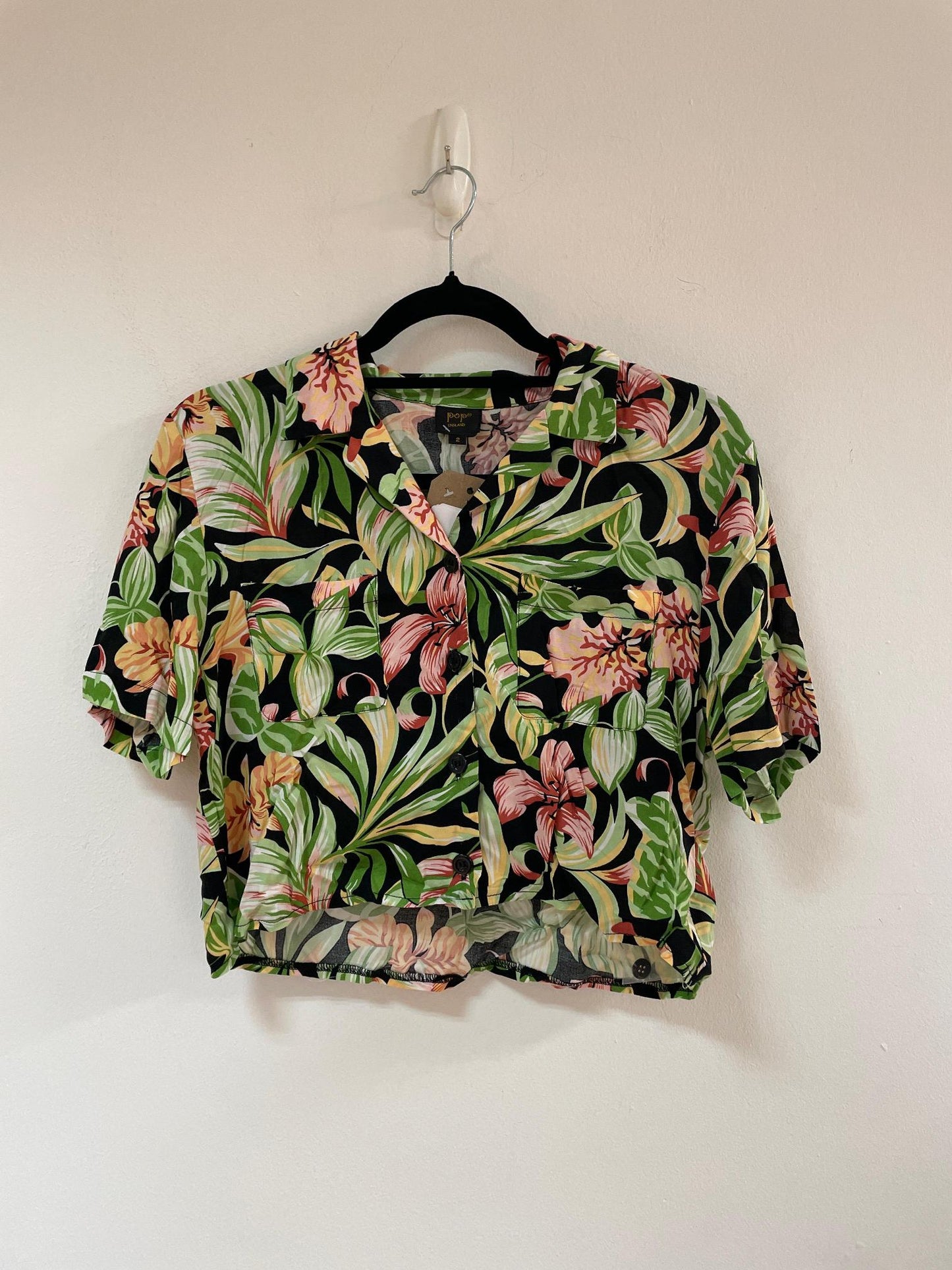 Tropical print cropped shirt, Pop, Size 8 (Rayon)