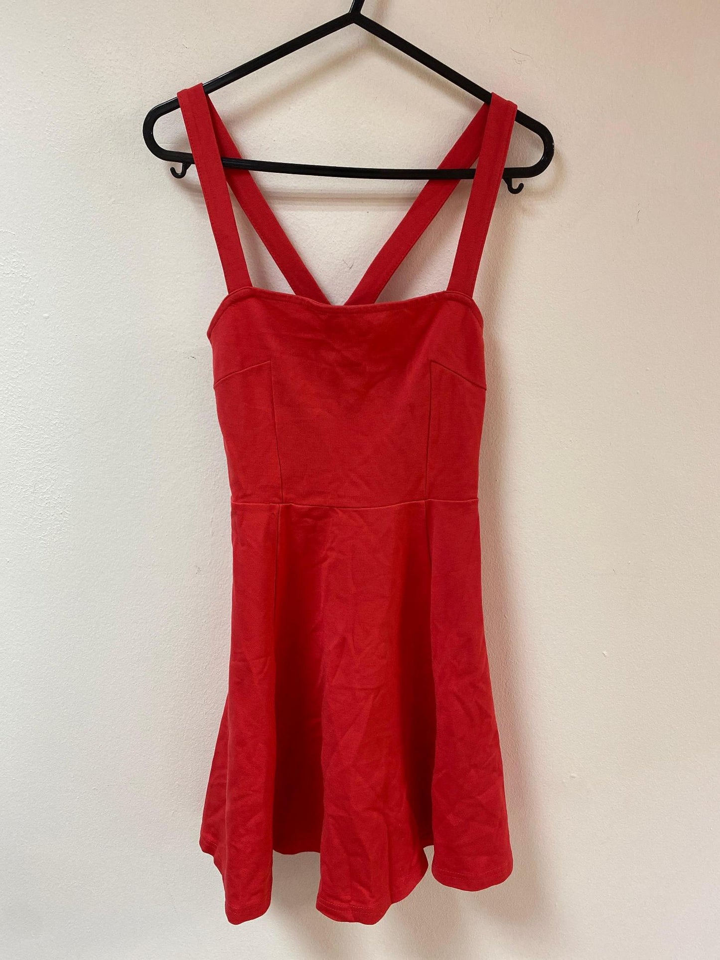 Red strappy square neck mini skater dress, H&M, Size 6 (Polyamide, Viscose, Elastane)