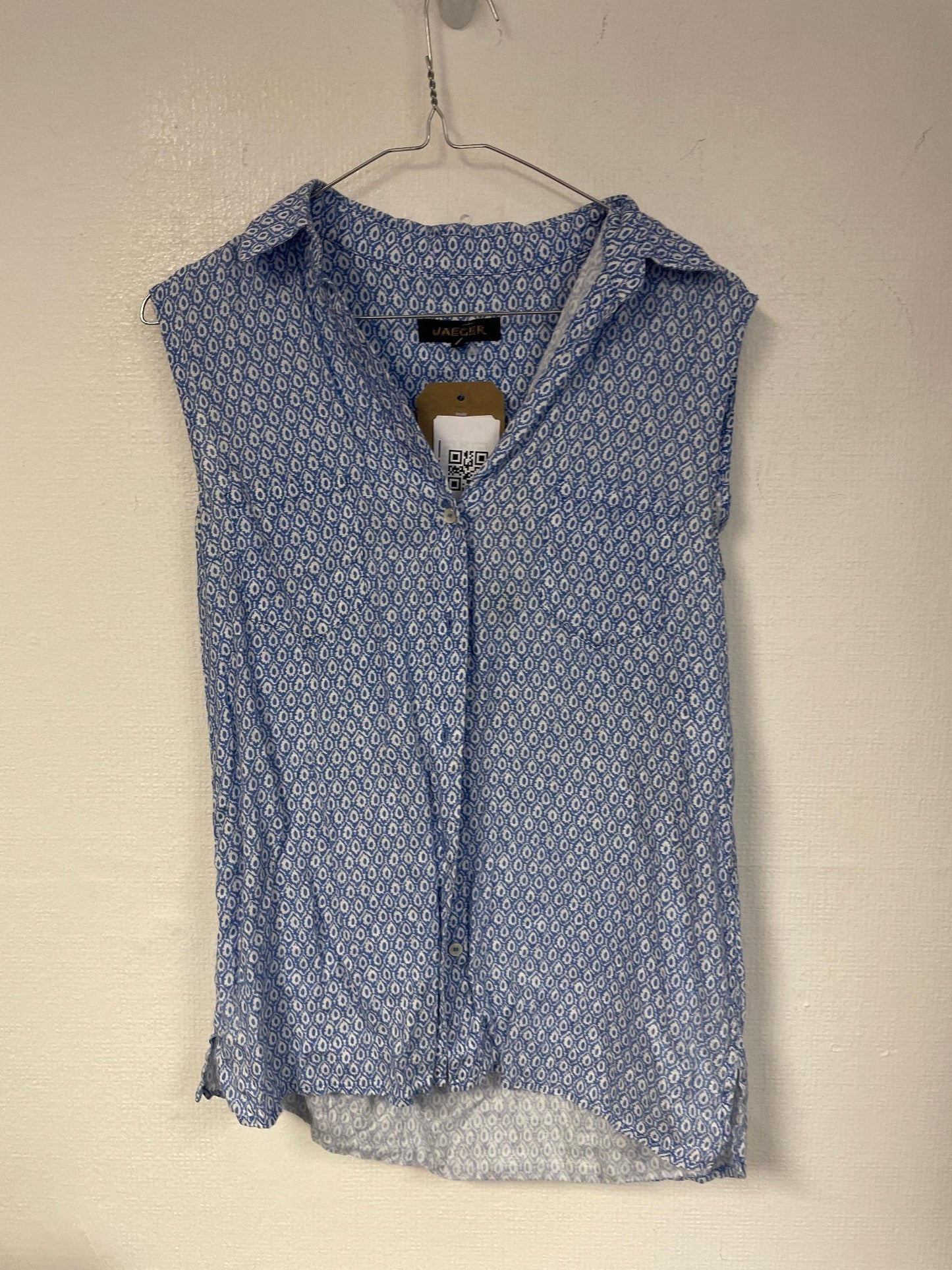 Blue and white linen patterned sleeveless shirt, Jaeger, Size 10 - Damaged Item Sale