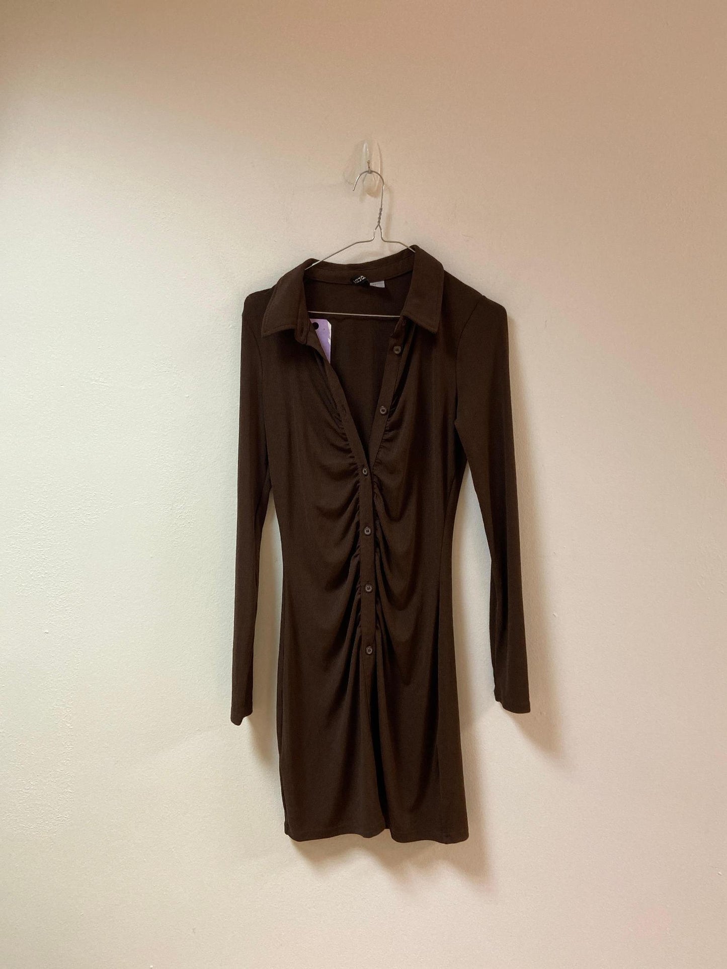 Dark Brown Button Up Shirt Dress, H&M, Size 10, 8 (Polyester, Elastane)