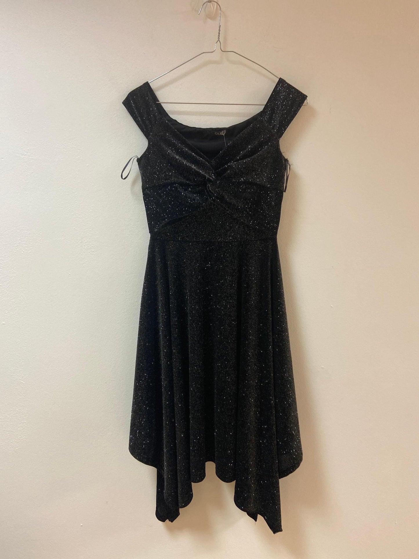 Black Glittery Bardot Midi Dress, Quiz, Size 8 (Polyester, Elastane)