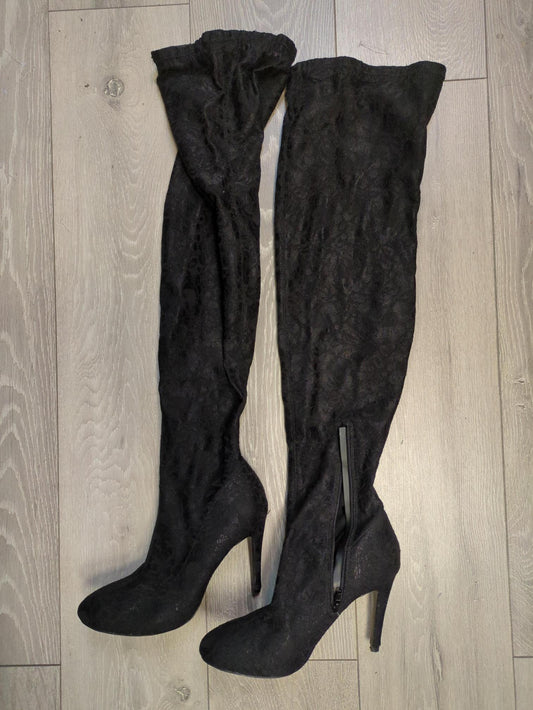 Black lace knee high heeled boots, Call It Spring, Size 8