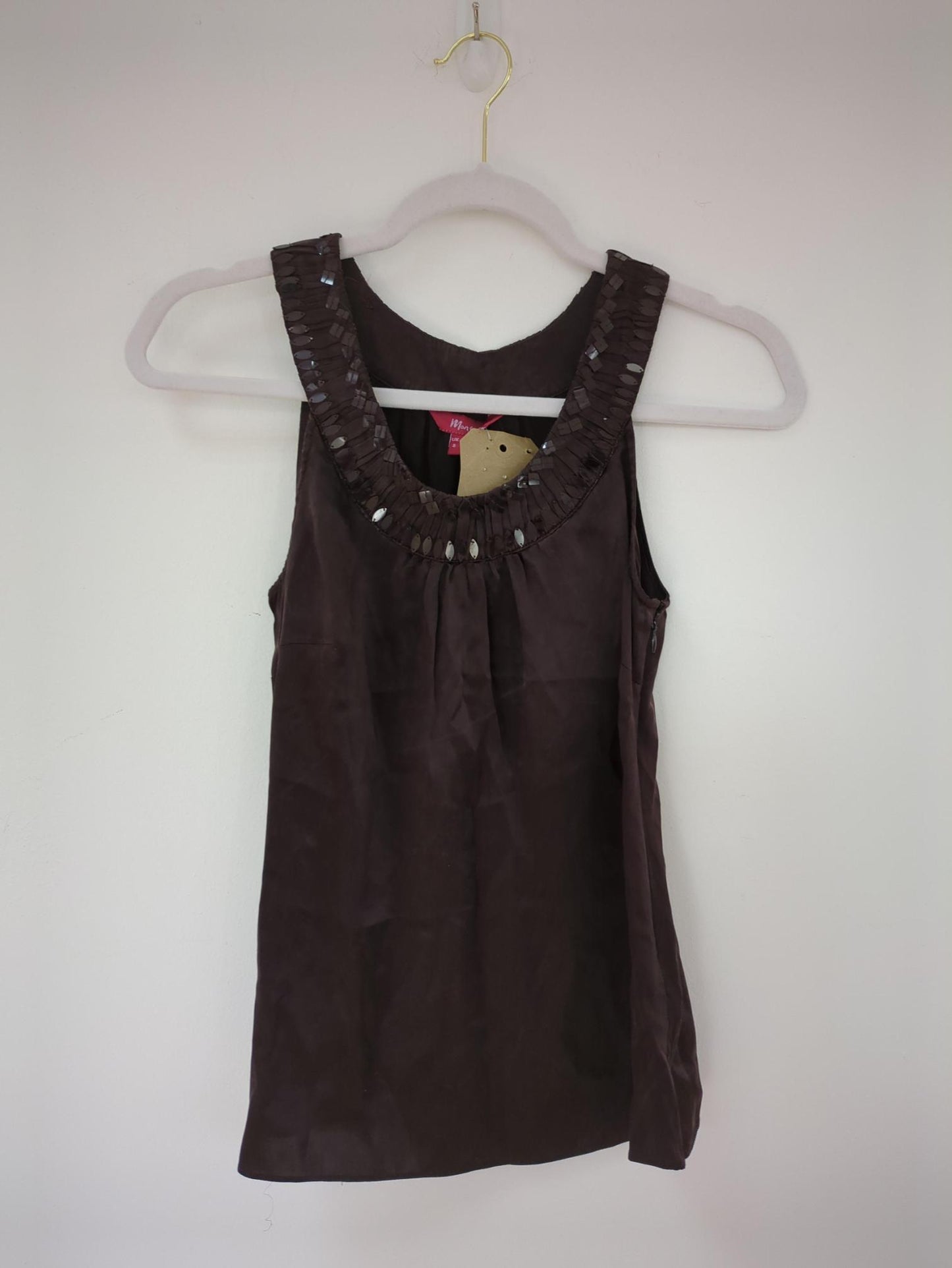 Dark brown silk beaded neckline top, Monsoon, Size 8 - Damaged Item Sale