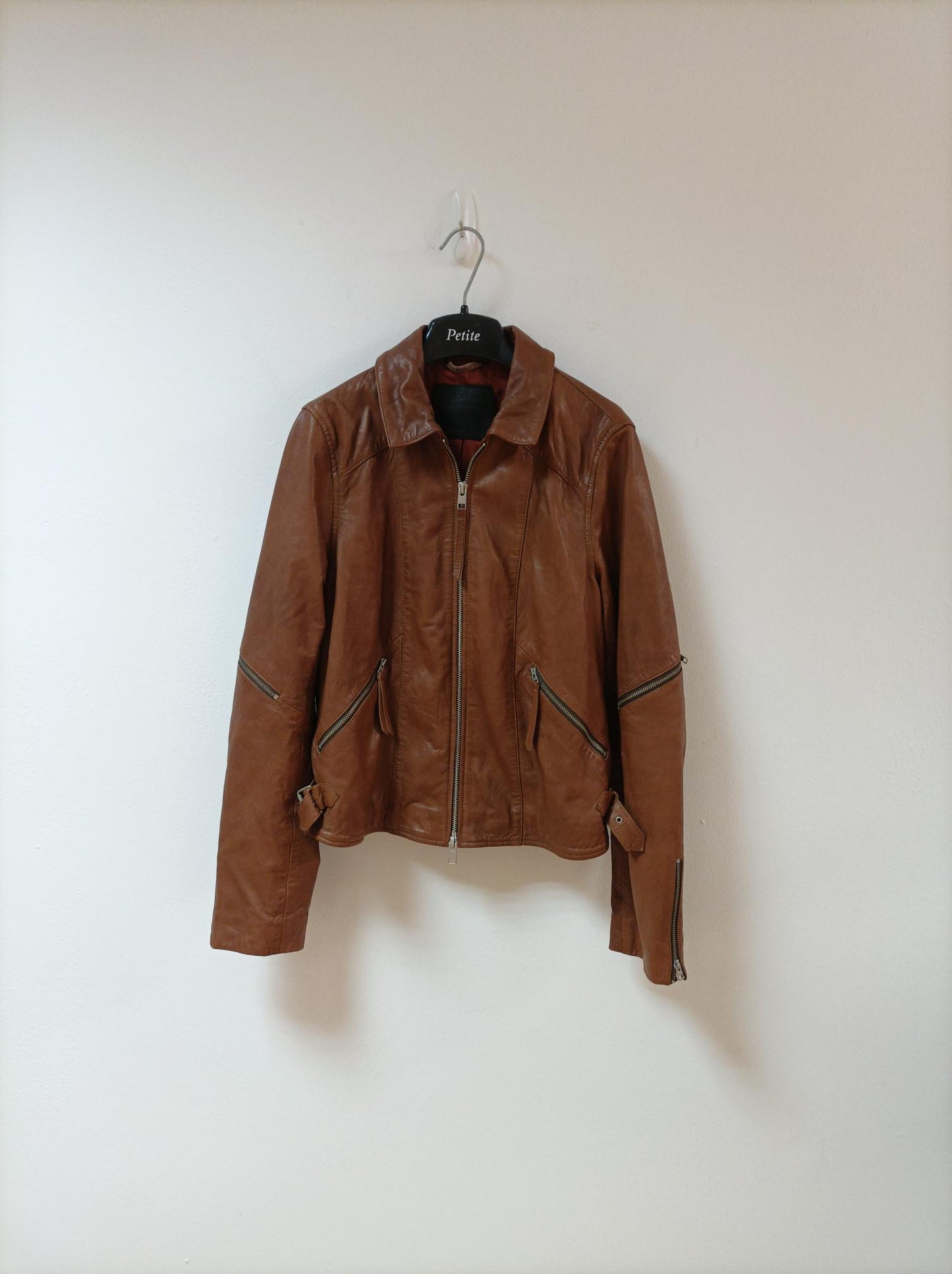 Tan Leather Biker Jacket, AllSaints, size 10 - Damaged Item Sale