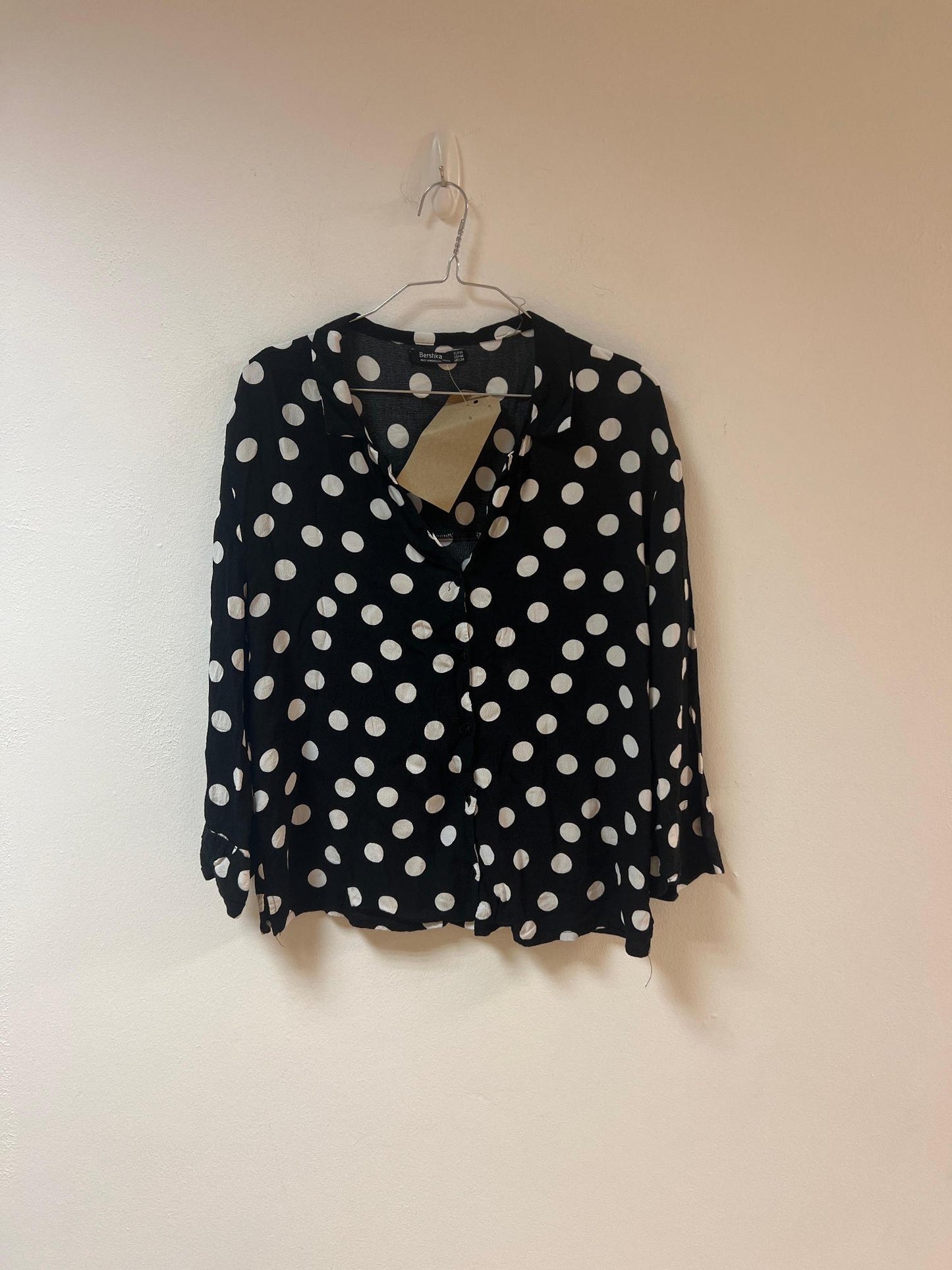 Black Polka Dot Button Up Shirt, Bershka, Size 10