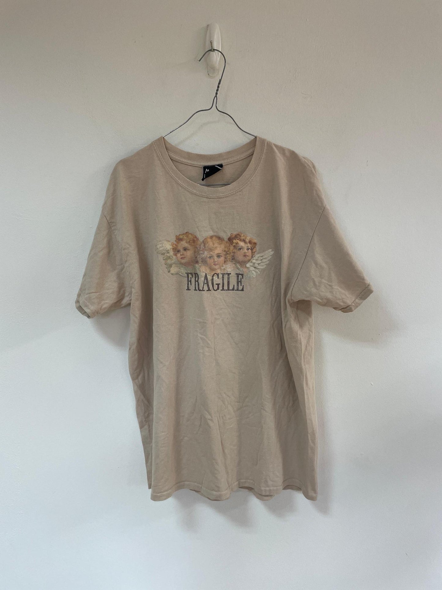 Cream "fragile" cherub print t-shirt, Minga London, size M - Damaged Item Sale