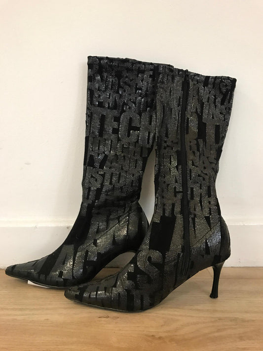 Black Patterned Knee High Heeled Boots, Lunar, Size 4