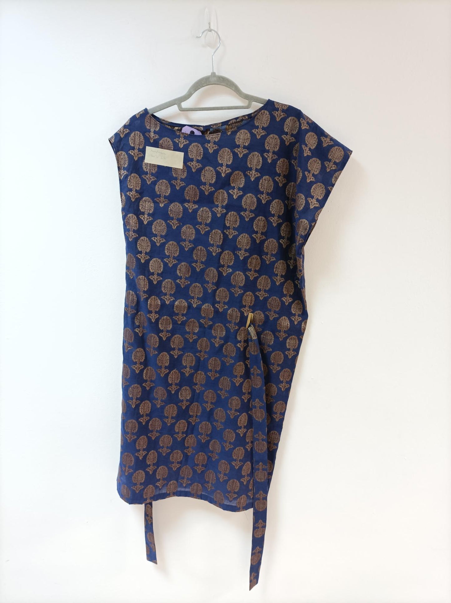 Purple and bronze patterned asymmetric belted shift dress, Handmade, Size 14, 14 (Silk)