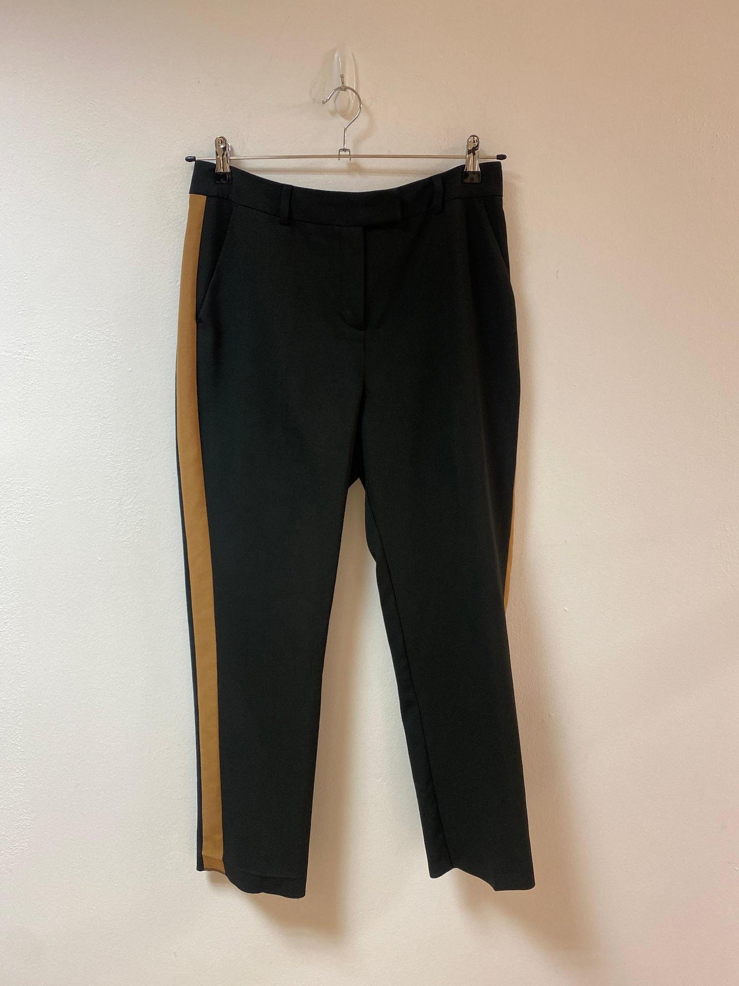 Black high rise tapered tailored trousers with brown stripe on sides, Papaya, Size 12 (Elastane, Polyester)