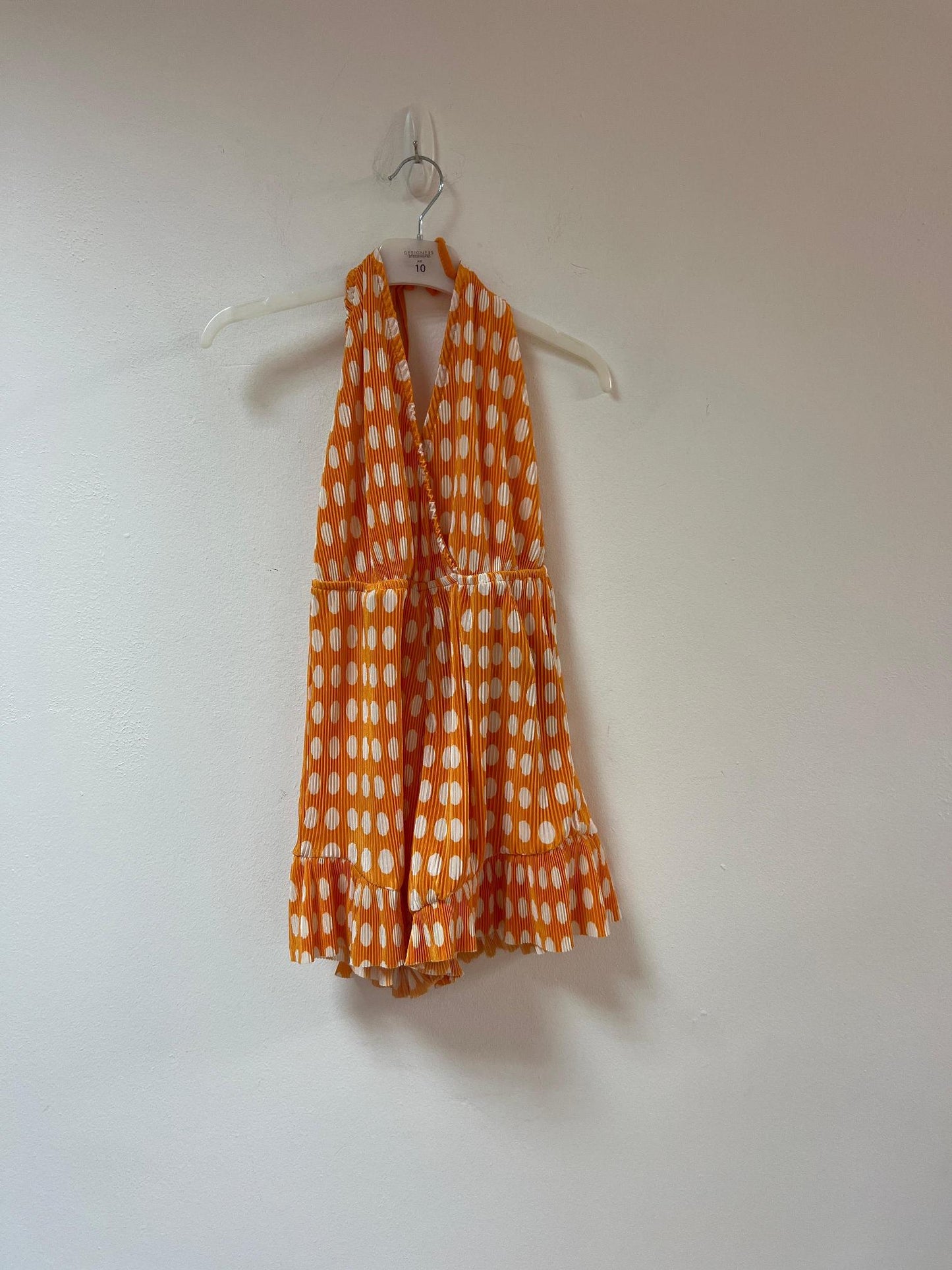 Orange and white plisse polka dot playsuit, ASOS, Size 4 (Polyester)