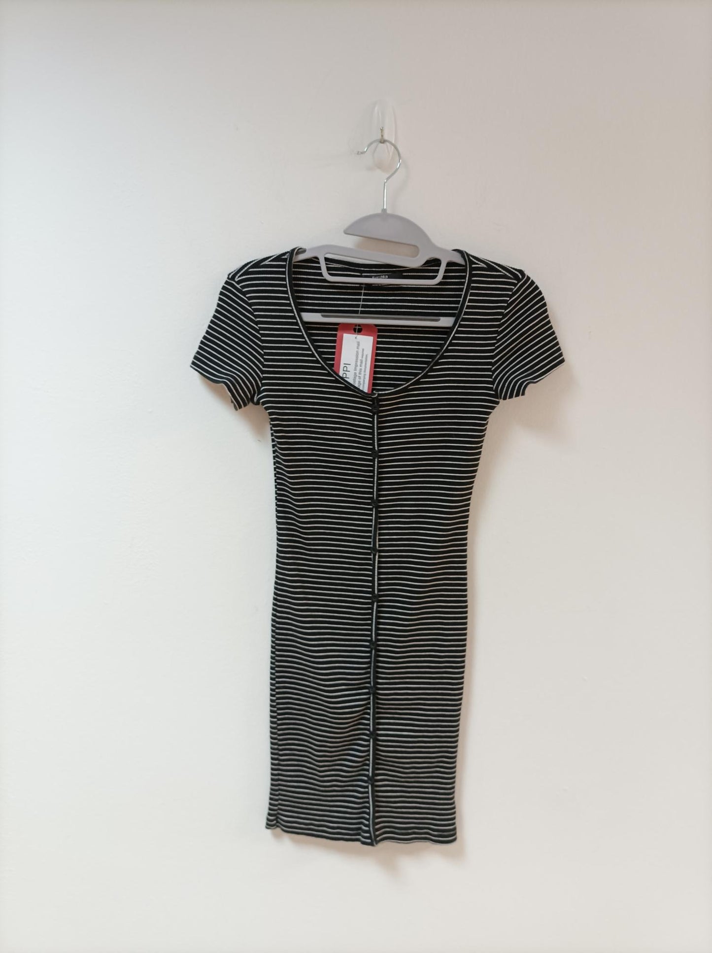 Black and white striped ribbed scoop neck button front mini bodycon dress, Bershka, Size 8, S (Elastane, Cotton)
