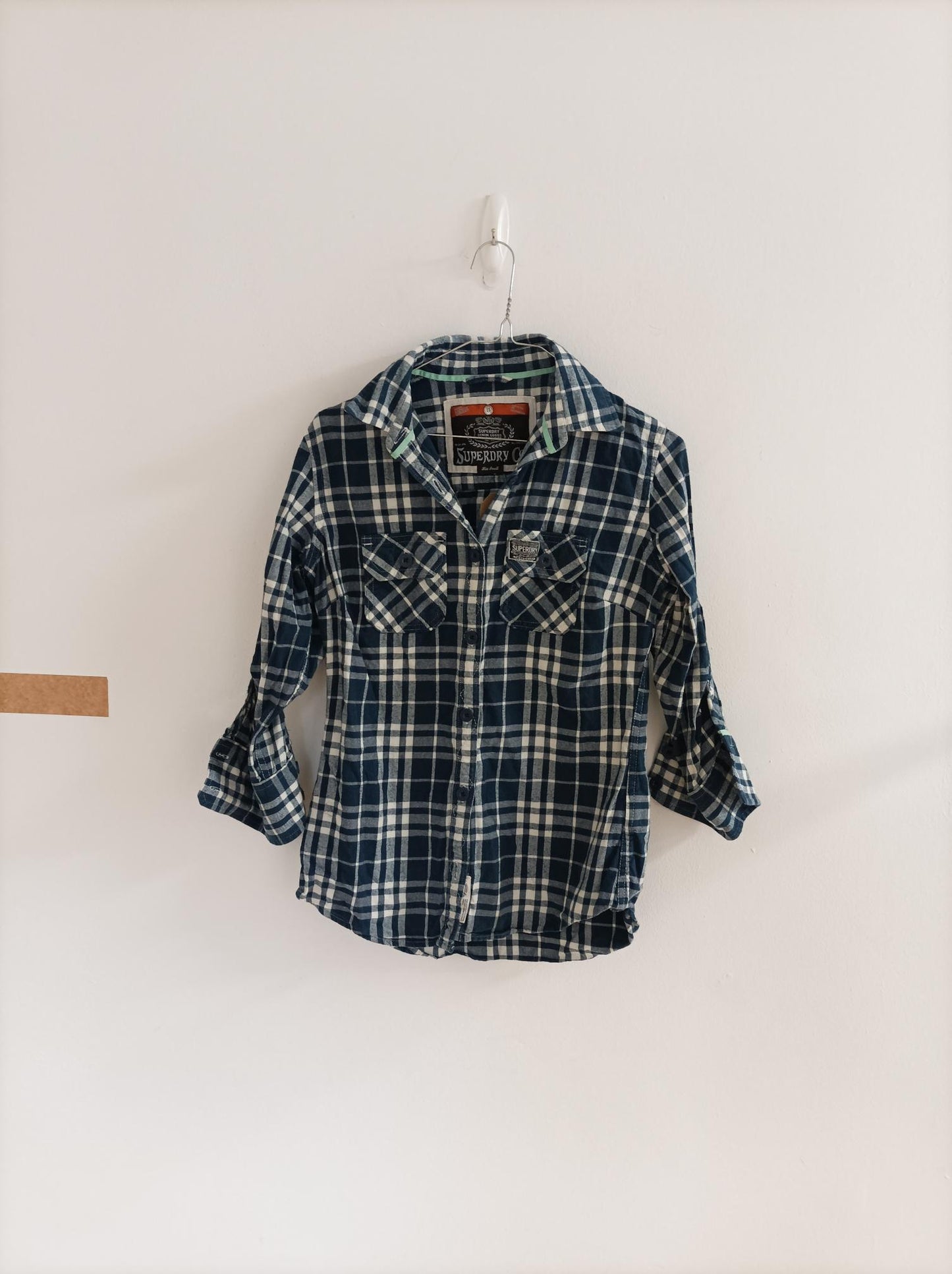 Blue Check Button Up Shirt, Superdry, Size 10 (Cotton)