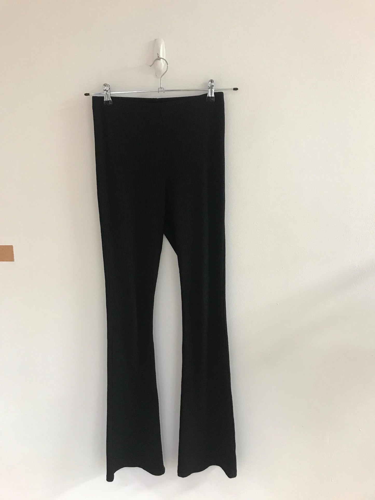 Black Ribbed Flare Trousers- Tall- High Rise, Topshop, Size 10 (Elastane, Polyester)