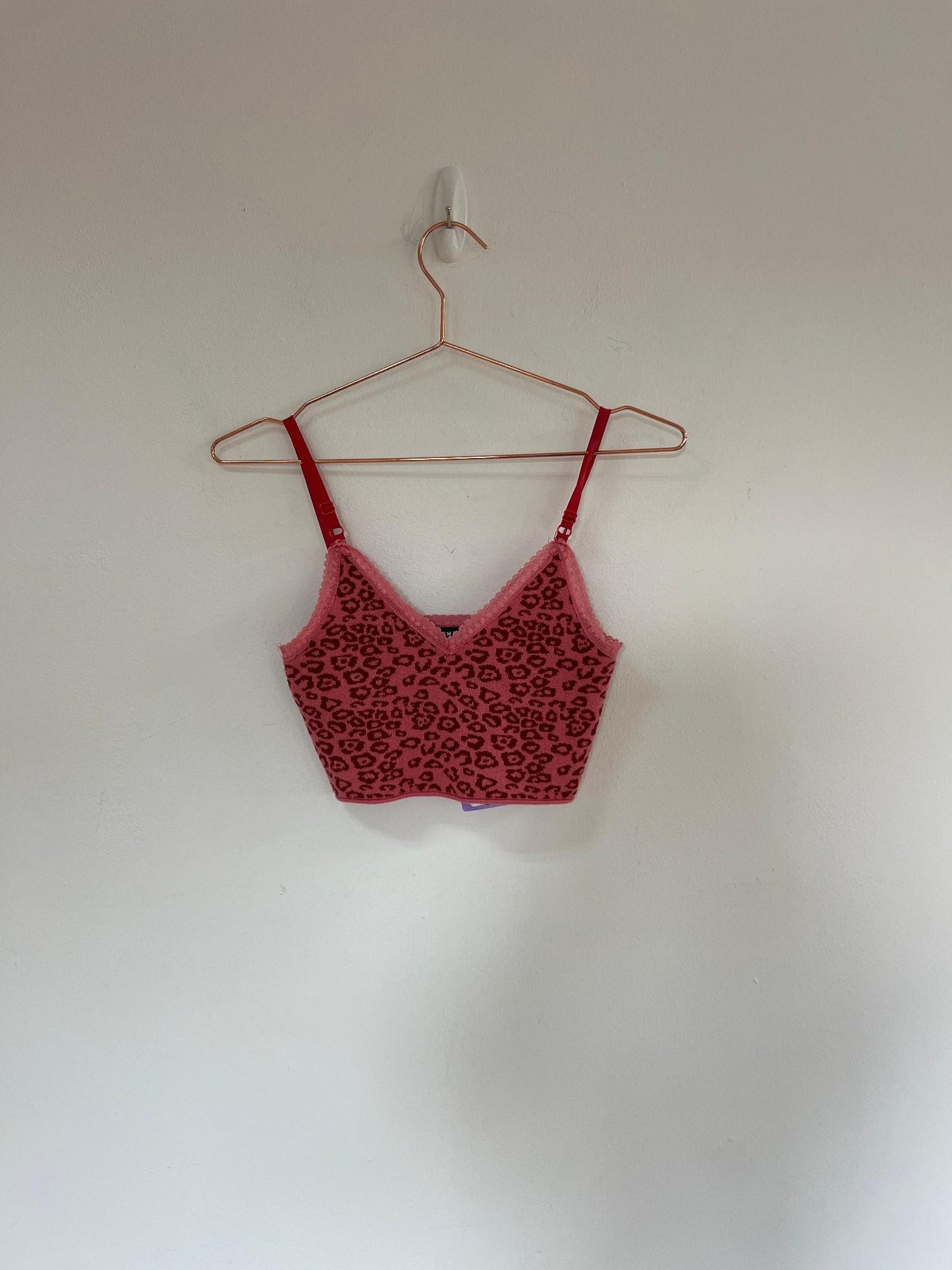 Pink and red leopard print knitted cami top, Shein, Size 6, 8 (Nylon, Viscose, Polyester)